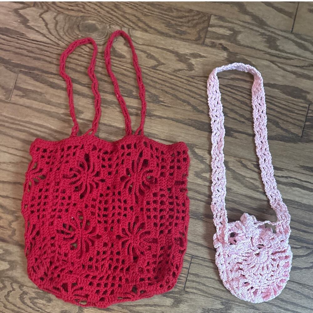 Lot of 2 Handmade Crochet Purse Large Red Square Bag, Small Pink Shoulder Bag